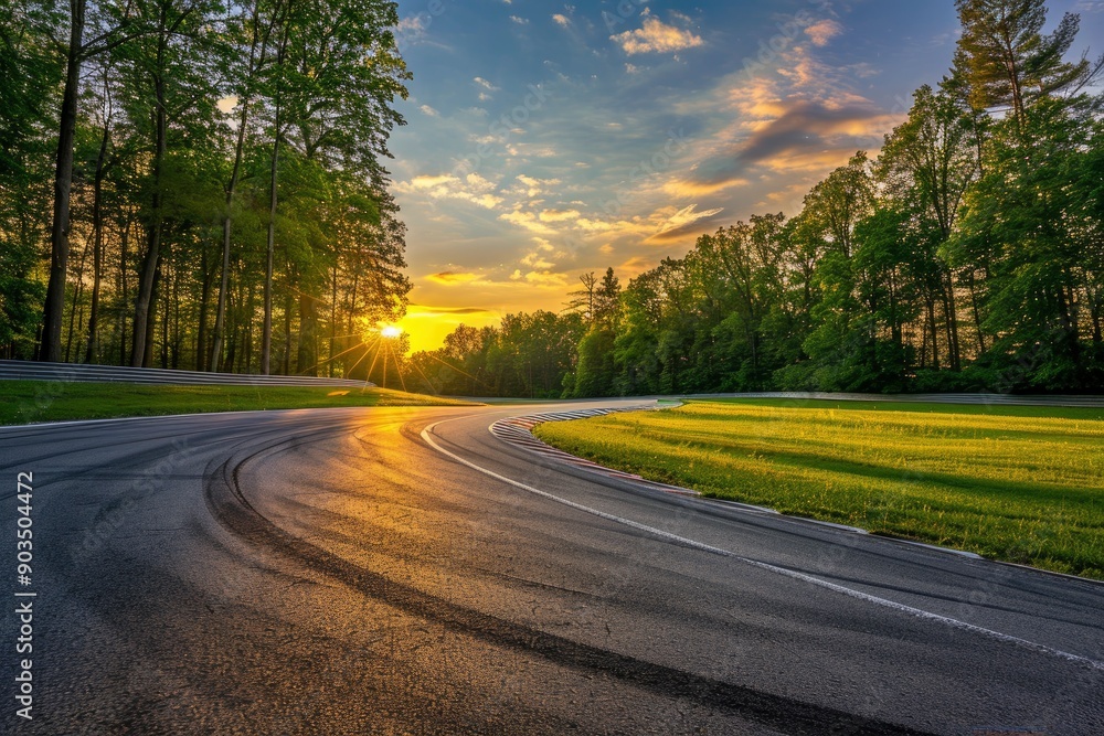 Empty race track and green woods nature landscape at sunset with generative ai Empty race track and green woods nature landscape at sunset with generative ai