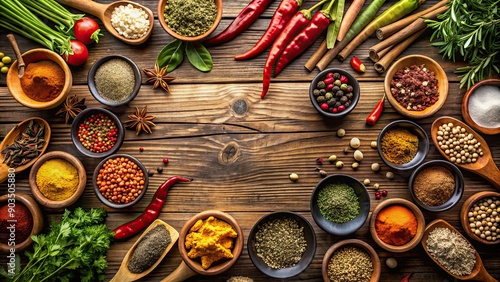 Fototapeta Naklejka Na Ścianę i Meble -  Various spices and herbs on rustic wooden moody countertop background, spices, herbs, asian mix, masalas