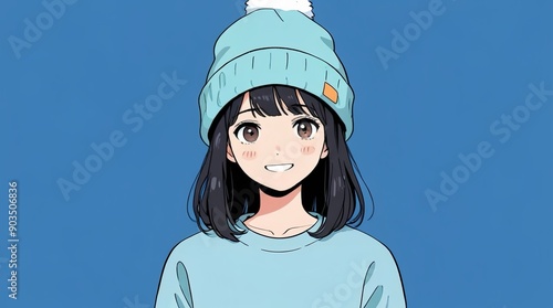 anime character illustration cheerul kawaii girl with wear beanie hat on blue background photo