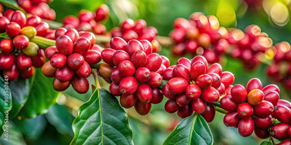 Closeup of vibrant Red Cherry coffee beans on branch of coffee plant, coffee, beans, red, cherry, branch, plant, closeup Closeup of vibrant Red Cherry coffee beans on branch of coffee plant, coffee, beans, red, cherry, branch, plant, closeup