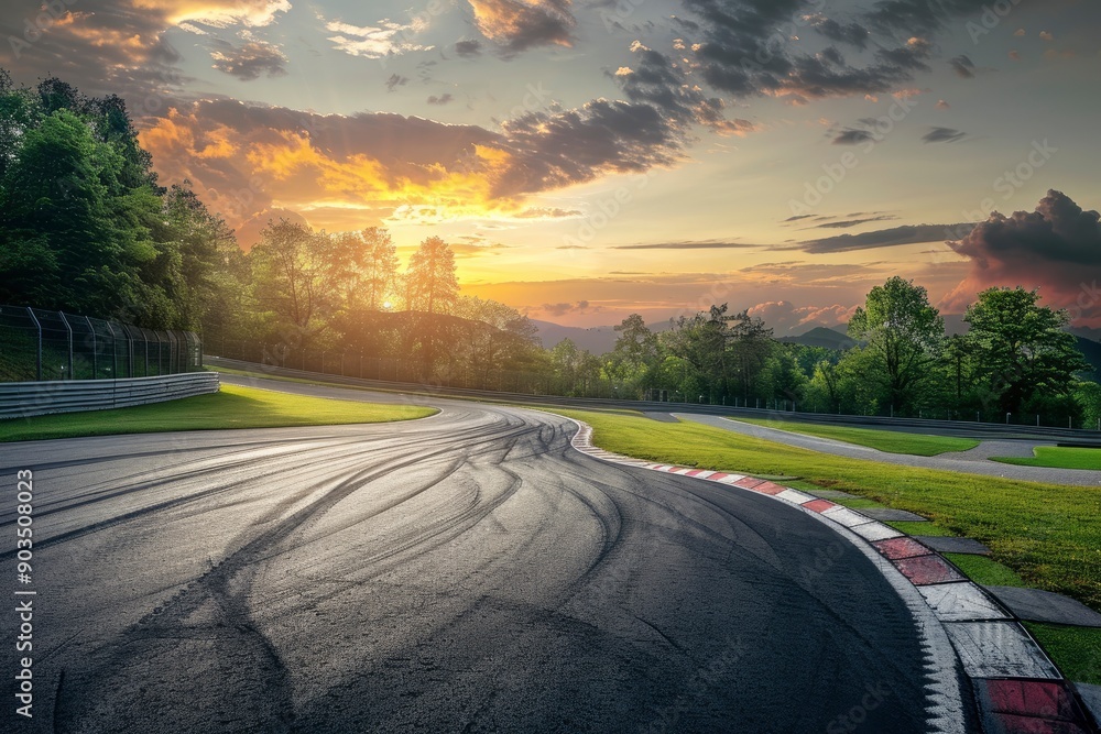 Naklejka premium Empty race track and green woods nature landscape at sunset with generative ai