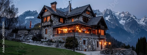  A sizable residence, adorned with numerous windows and illuminated by lights, stands before a backdrop of snow-capped mountains photo