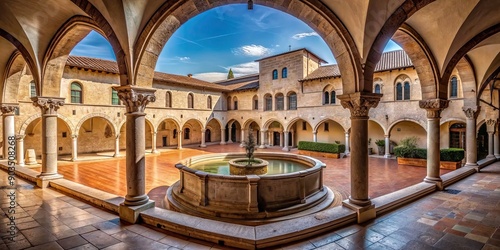 A scenic view of the abbey cloister of Sassovivo in Perugia, with a well at the center, seen from the porch , Perugia, Foligno