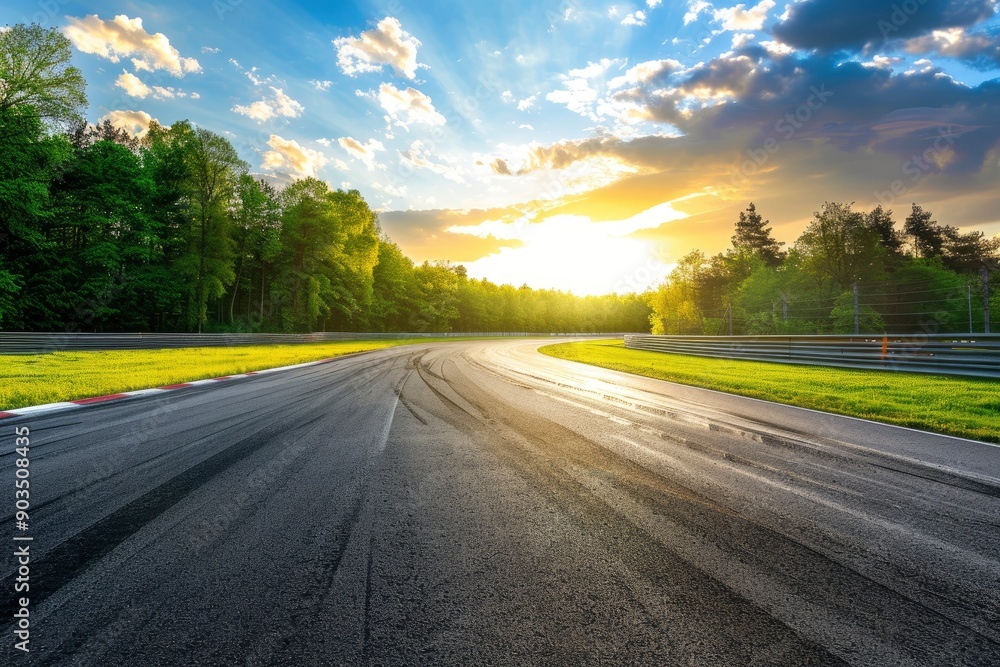 Empty race track and green woods nature landscape at sunset with generative ai Empty race track and green woods nature landscape at sunset with generative ai