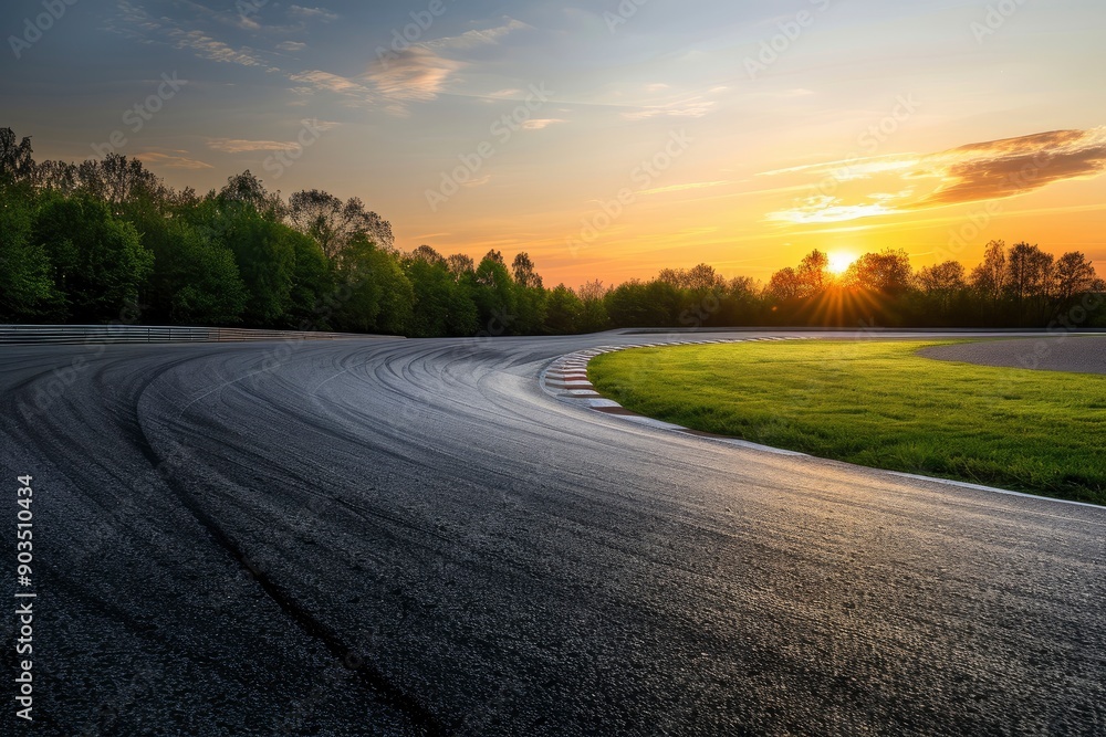 Empty race track and green woods nature landscape at sunset with generative ai Empty race track and green woods nature landscape at sunset with generative ai