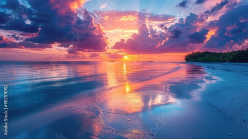 Sunset beach scene with a tranquil landscape and vibrant colors reflecting on the water.