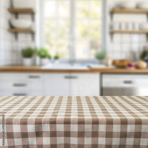 Check pattern cloth with wood table top on blurred background.