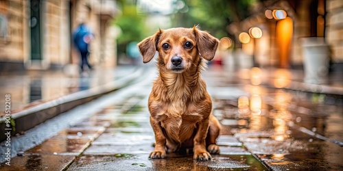 Fototapeta Naklejka Na Ścianę i Meble -  Wet small brown dog sitting on sidewalk, looking at camera , wet, dog, brown, small, sidewalk, wet dog, wet sidewalk, cute, pet