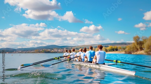 A team of rowers gliding across a serene lake under a bright sky, showcasing teamwork and athleticism in a natural setting. photo