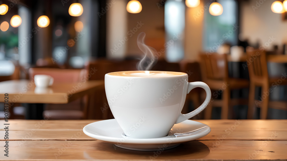 Coffee in white cup on wooden table in cafe with bokeh lighting background Coffee in white cup on wooden table in cafe with bokeh lighting background