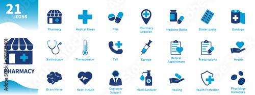 Pharmacy Icons. Set of flat icons on medical, health, medicine, heart, prescription, stethoscope, hospital, cardiology themes. Solid vector icon