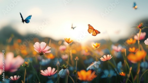 Wallpaper Mural Sun dappled meadow with a vibrant array of wildflowers and whimsical butterflies in an enchanting idyllic summer landscape  Lush serene nature background with a soft dreamlike Torontodigital.ca