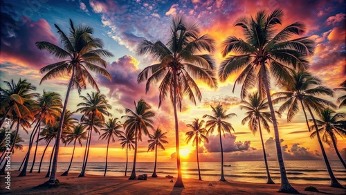 Artistic summer collage with palm trees and beach scenery in sunset hues, blending vintage elements, tropical, sunset