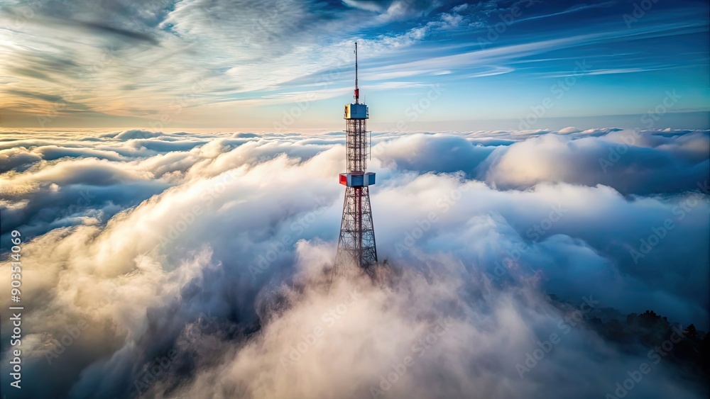Obraz premium Broadcast tower protruding through clouds with fog in the background, broadcast, tower, clouds, fog, antennas, communication