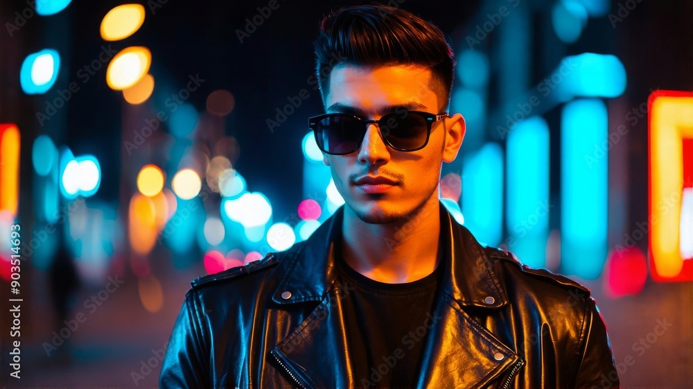 Stylish Young Man in Sunglasses at Night with Vibrant Neon City Lights Background - Modern Urban Fashion and Nightlife Concept Stylish Young Man in Sunglasses at Night with Vibrant Neon City Lights Background - Modern Urban Fashion and Nightlife Concept