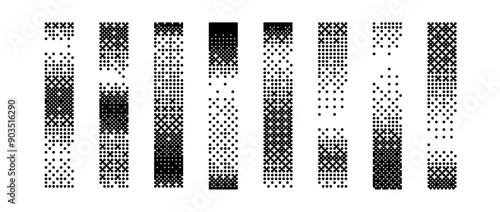 Halftone vertical gradient border set. Pixelated long dotted separator or divider collection. Bitmap rectangle decoration element for banner, poster, advertisement, card, cover, print. Vector