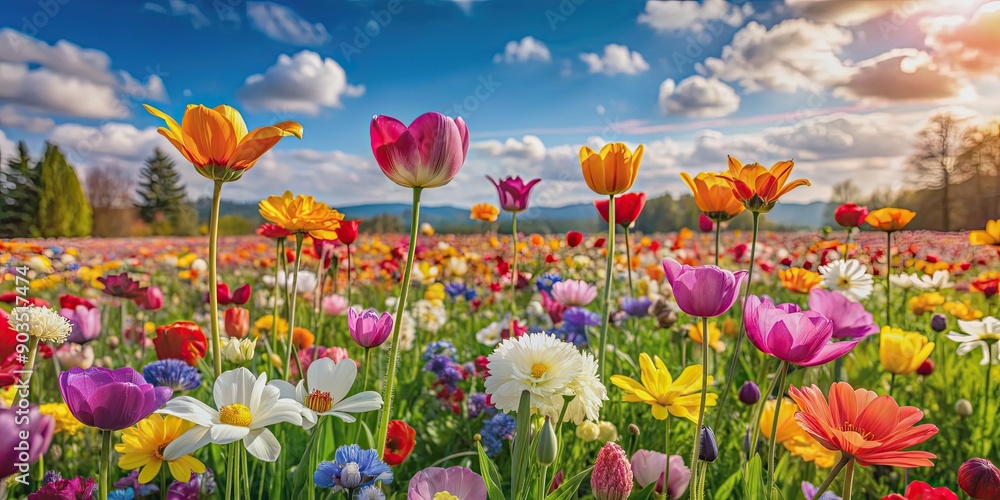 Obraz premium Blooming field of colorful flowers in spring, spring, campo di fiori, vibrant, blossoms, meadow, seasonal, beauty, nature, flora