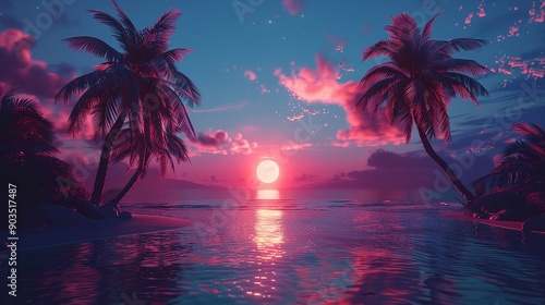 Fototapeta Naklejka Na Ścianę i Meble -  Coconut palm trees silhouetted against a sunset