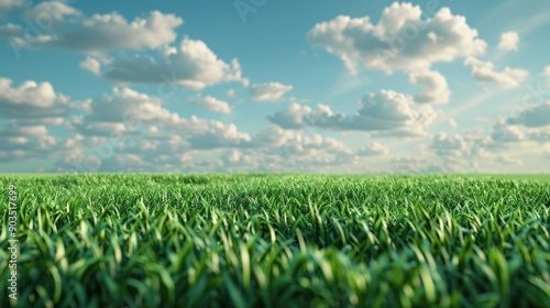 Lush verdant meadow stretching out beneath a bright blue sky dotted with fluffy white clouds Vibrant serene 3D summer landscape with deep depth of field