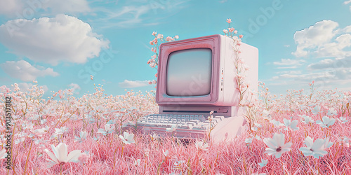 Wallpaper Mural 3D rendering of an old computer in the center of the frame with windows open and flowers growing out from it, generative AI Torontodigital.ca