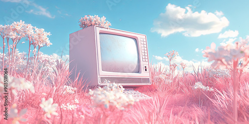 Wallpaper Mural 3D rendering of an old computer in the center of the frame with windows open and flowers growing out from it, generative AI Torontodigital.ca