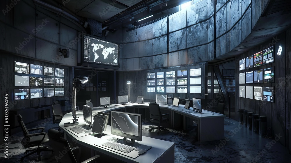 a secure control room, featuring advanced surveillance monitors a secure control room, featuring advanced surveillance monitors