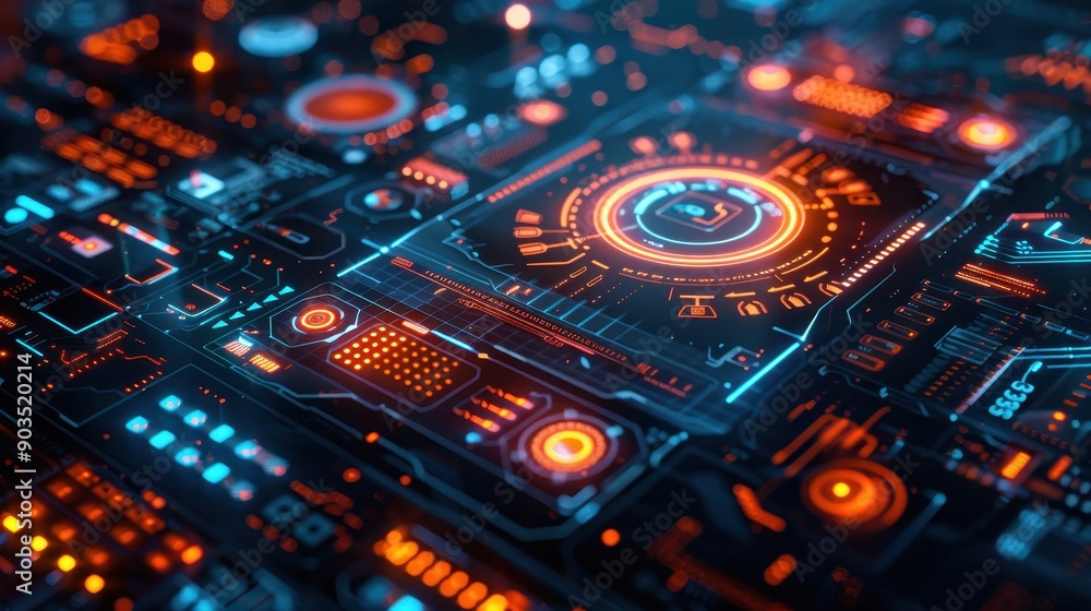 Futuristic Digital Circuit Board with Glowing Elements and High-Tech Interface in Blue and Orange Futuristic Digital Circuit Board with Glowing Elements and High-Tech Interface in Blue and Orange