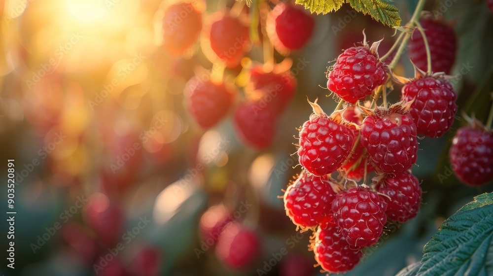 Ripe Raspberries on a Branch in the Sunset Light Ripe Raspberries on a Branch in the Sunset Light