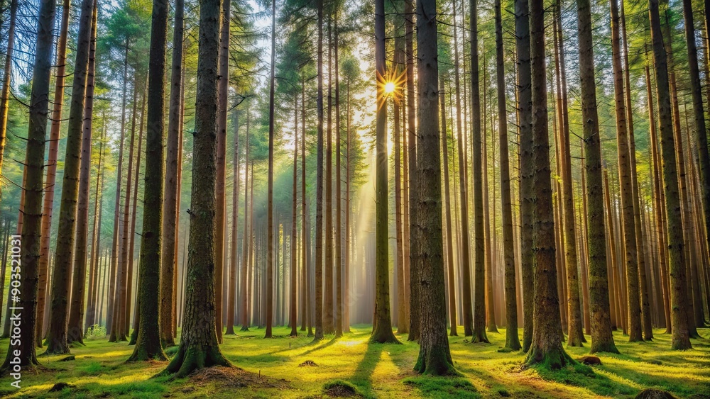 Fototapeta premium Tall trees standing in a dense forest, nature, green, foliage, woods, landscape, wilderness, outdoor, environment, peaceful