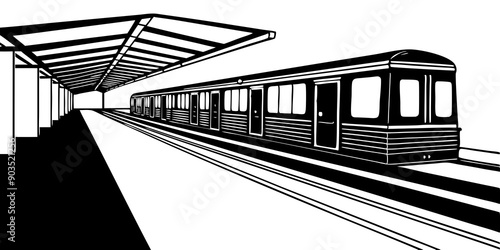 Vintage Train on Subway Platform – Detailed Black and White Illustration