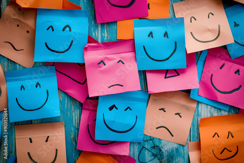 Sticky notes with happy and sad faces. Concept of empathy photo