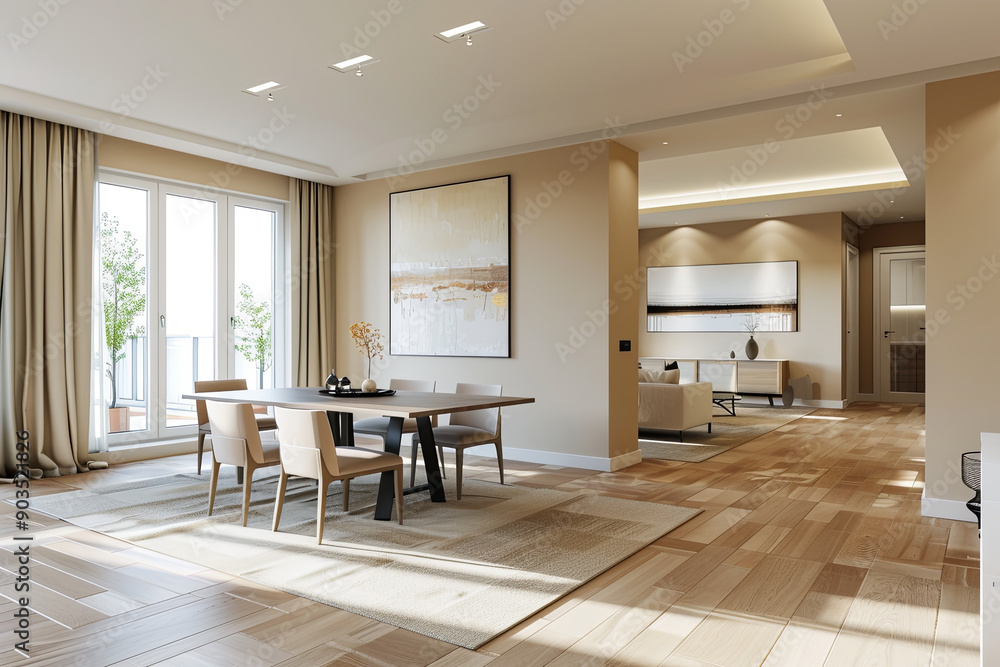 Fototapeta premium Modern apartment interior design. Dining room with table and chairs, empty living room with beige walls