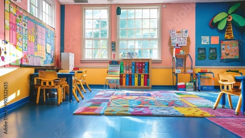 An empty kindergarten classroom, bright colors adorn the well-lit classroom walls, creating an inviting atmosphere that encourages intellectual exploration and active participation.
