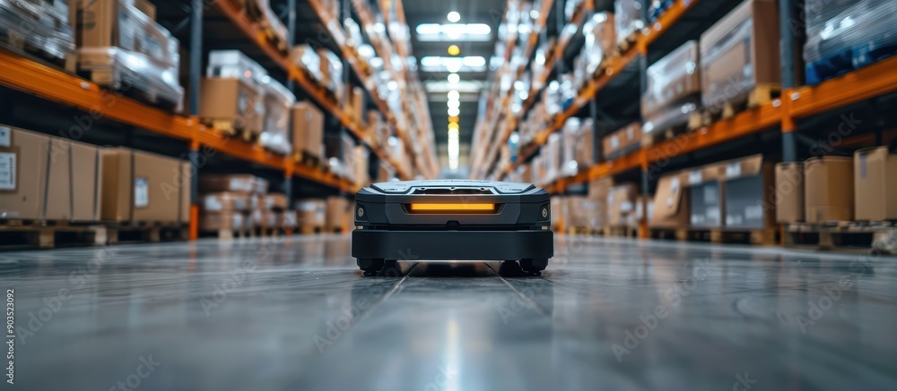 Autonomous Robot Navigating Warehouse Aisle with Stacked Boxes and Shelves in Modern Industrial Facility Autonomous Robot Navigating Warehouse Aisle with Stacked Boxes and Shelves in Modern Industrial Facility