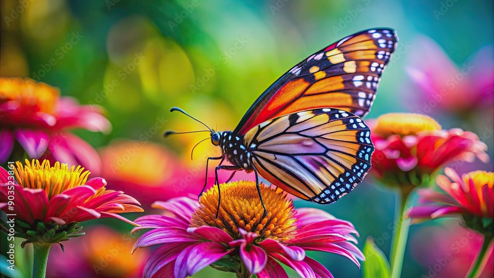 Fototapeta premium Colorful butterfly with intricate details perched on a vibrant flower, butterfly, colorful, intricate, details, flower
