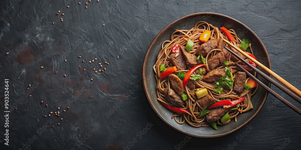 Stir fry soba noodles with beef on black background , Asian cuisine, stir fry, Japanese food, soba noodles, beef Stir fry soba noodles with beef on black background , Asian cuisine, stir fry, Japanese food, soba noodles, beef