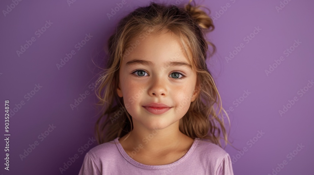 An image of a sweet young girl with her shirt on and her shoulders shrugged against a background of violet