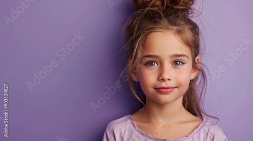 An image of a sweet young girl with her shirt on and her shoulders shrugged against a background of violet