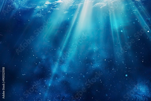 Abstract image of Tropical underwater dark blue deep ocean wide nature background with rays of sunlight with generaive ai