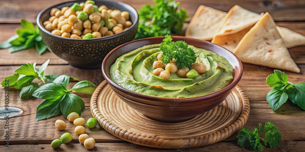 Green parsley hummus with chickpeas, green peas, and homemade pita bread on a rustic table , healthy, vegetarian Green parsley hummus with chickpeas, green peas, and homemade pita bread on a rustic table , healthy, vegetarian