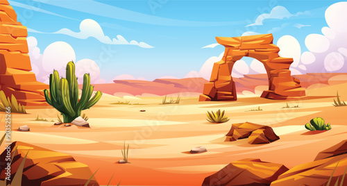 Desert landscape with cactus, rocky cliffs, and bright blue sky. Vector cartoon background nature illustration