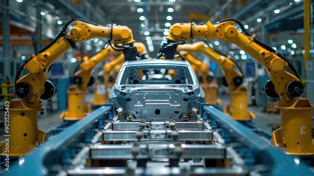 Automobile producer Automated Robot Arm Assembly Line Production of High-Tech Electric Vehicles in the Automobile Industry Automobile producer Automated Robot Arm Assembly Line Production of High-Tech Electric Vehicles in the Automobile Industry