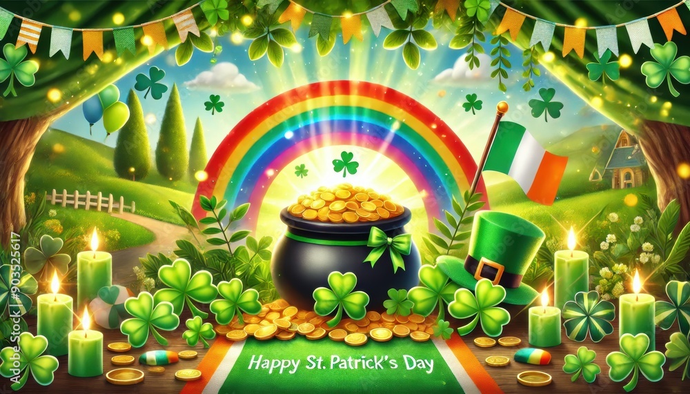 custom made wallpaper toronto digitalHappy St. Patrick's Day with Pot of Gold, Rainbow, Shamrocks, and Irish Flag Illustration