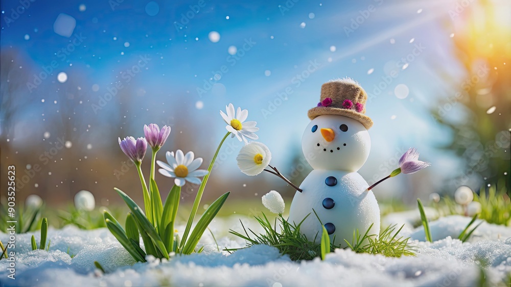 Snowman melting on a meadow with spring flowers popping up , spring, snow, meadow, grass, flowers, melting, nature Snowman melting on a meadow with spring flowers popping up , spring, snow, meadow, grass, flowers, melting, nature
