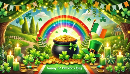 Happy St. Patrick's Day with Pot of Gold, Rainbow, Shamrocks, and Irish Flag Illustration photo