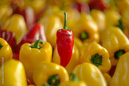 Red chili pepper standing out among yellow peppers. Concepts of leadership, uniqueness, initiative, strategy, and business success photo