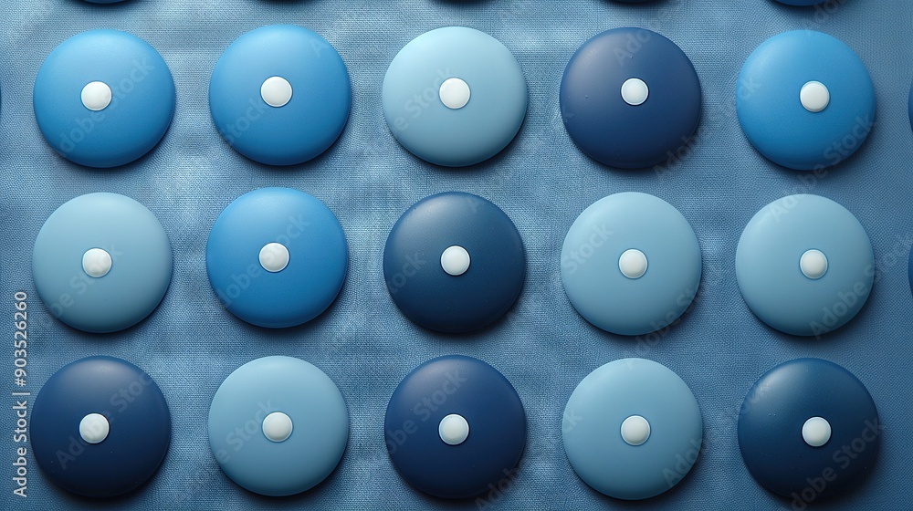 Blue and white button group atop blue material with white dots Blue and white button group atop blue material with white dots