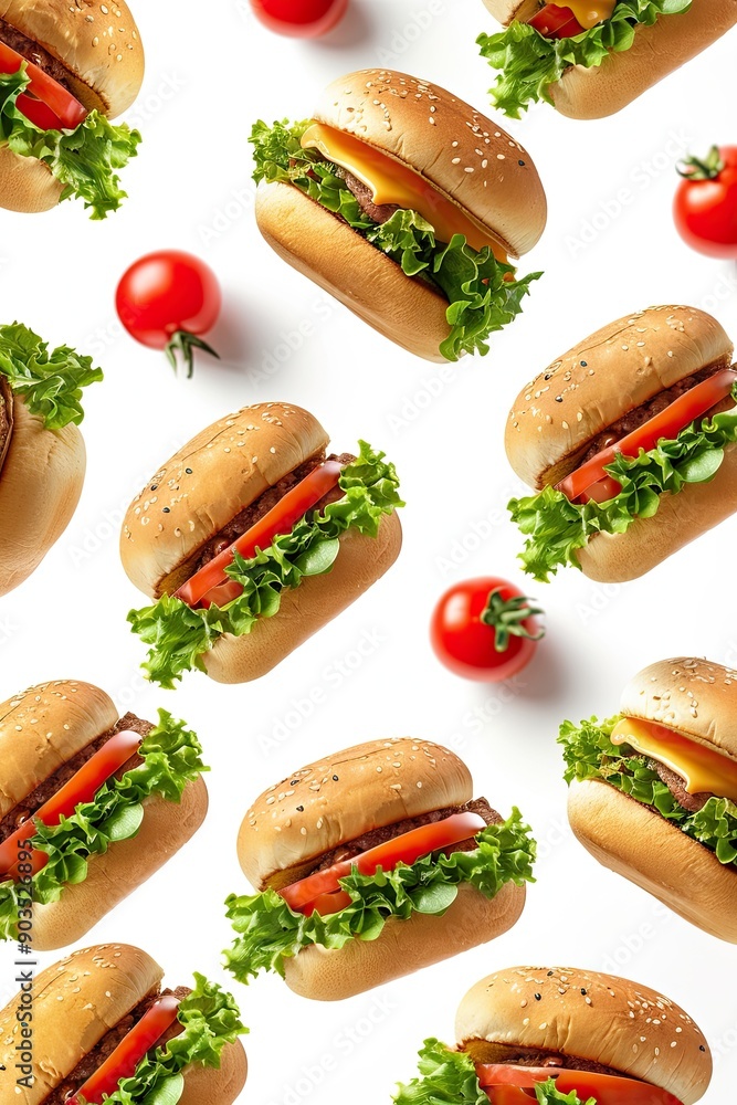 Floating cheeseburgers with lettuce and tomatoes isolated on white background Floating cheeseburgers with lettuce and tomatoes isolated on white background