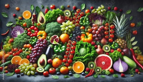 Vibrant Assortment of Fresh Fruits and Vegetables on a Dark Background.