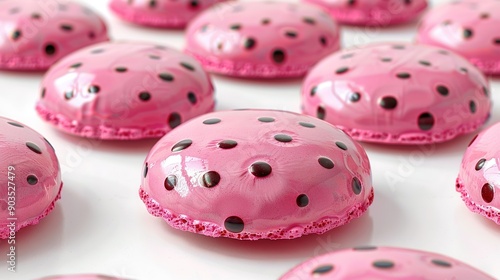  A table featuring an array of pink donuts, each adorned with pink frosting and black polka dotted icing